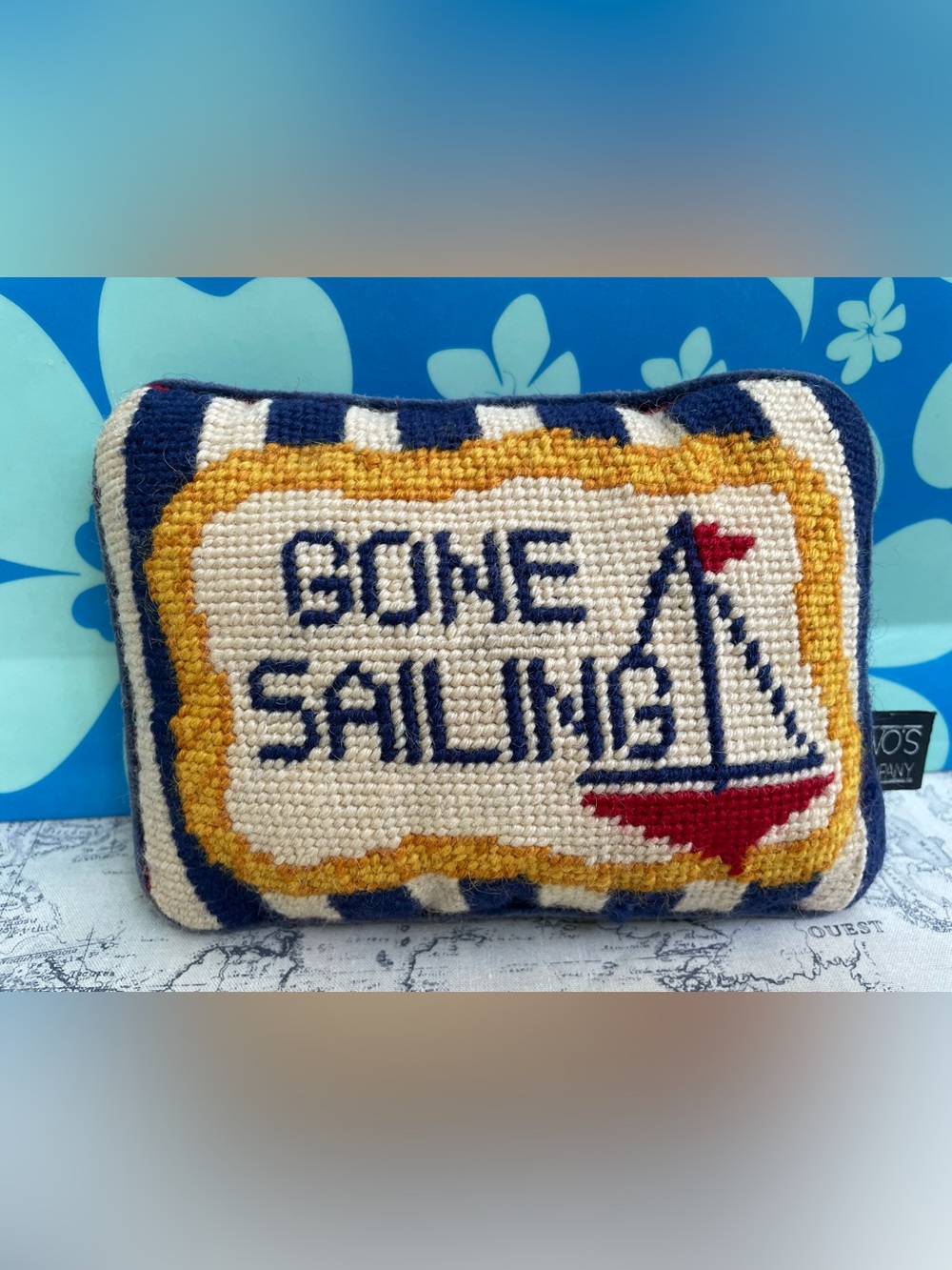 Two’s Company “Gone Sailing” Mini Needlepoint Pillow | Nautical Sailboat Decor